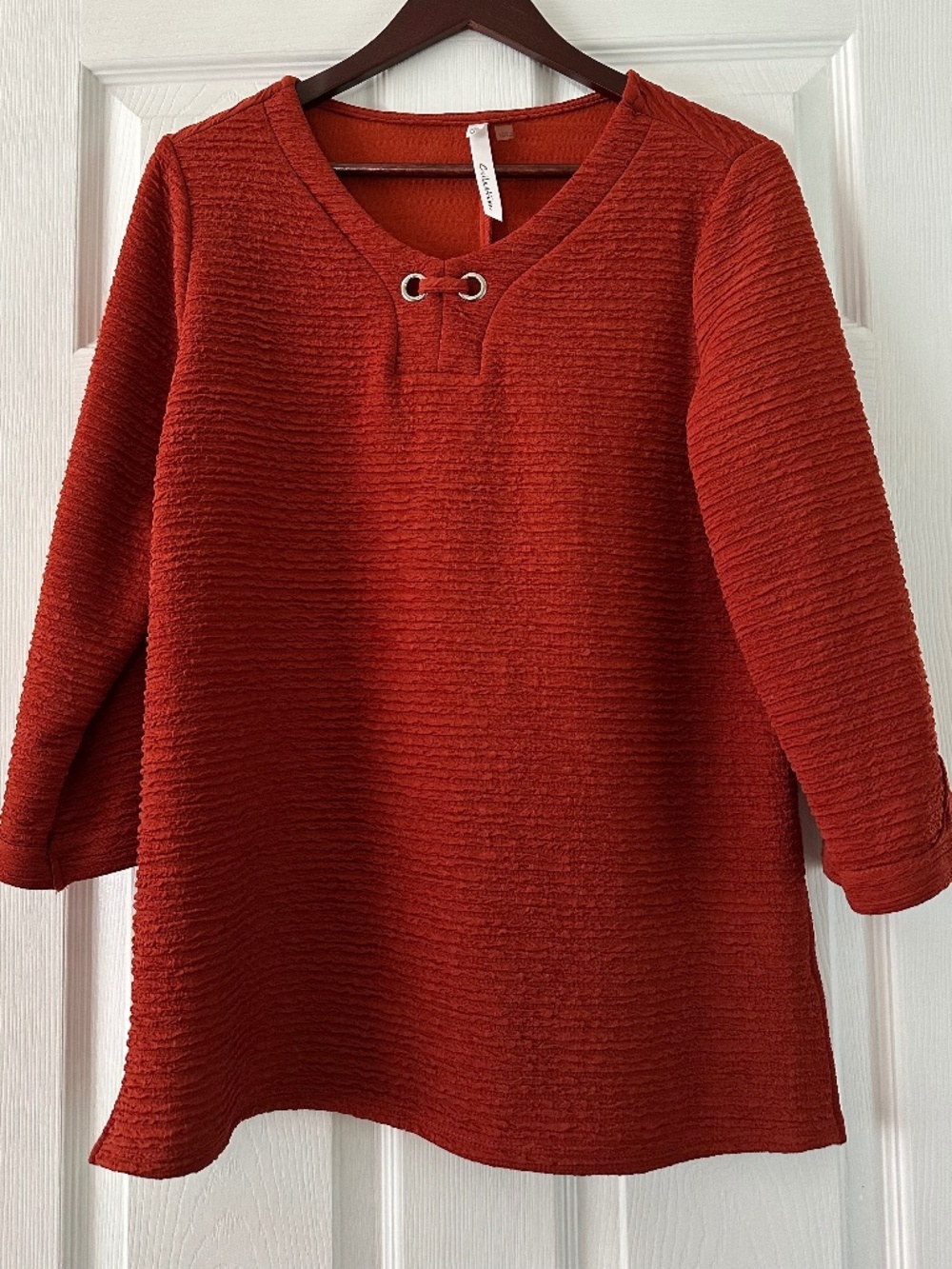 NY Collection Women's Rust Orange Grommet Scoop Neck 3/4 Sleeve Top Size L NWOT